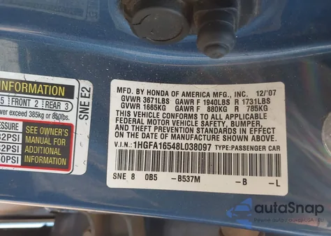 2008 Honda Civic Lx from USA, damaged, VIN 1HGFA16548L038097